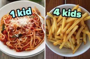 On the left, some spaghetti with marinara sauce labeled 1 kid, and on the right, some fries labeled 4 kids