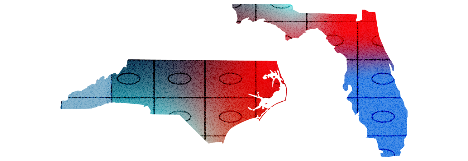 An outline of the states of North Carolina and Florida with rows and columns of ballot bubbles