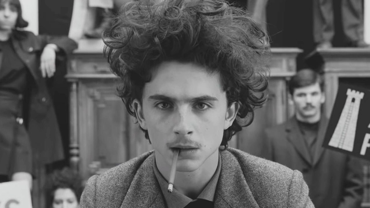 Timothee Chalamet with crazy hair smokes a cigarette