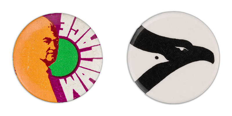 A button shows a psychedelic portrait of George Wallace with the word &quot;Wallace&quot;, the button on the right shows a large black bird&#x27;s profile, with a smaller white bird&#x27;s profile inside its frame