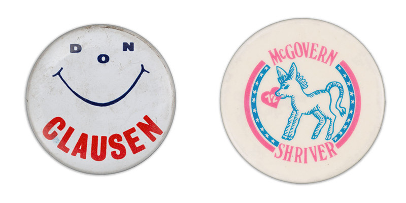 A button reads &quot;Don Clausen&quot; and a button with a donkey reads &quot;McGovern–Shriver 72&quot;