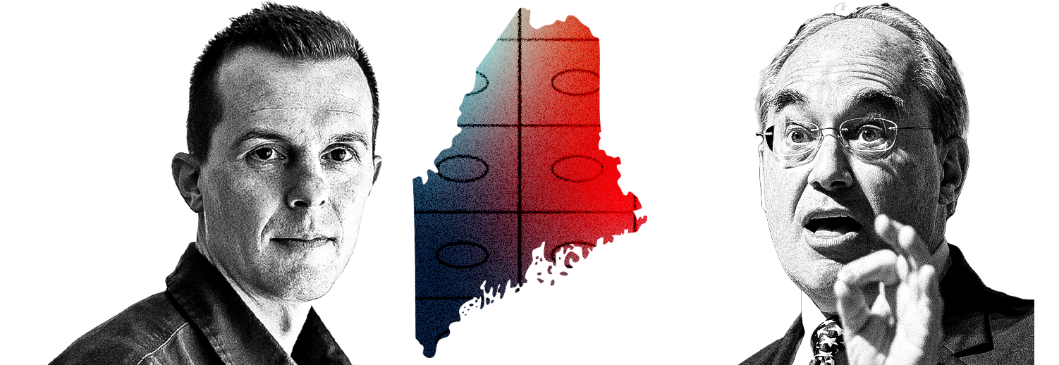 An outline of the state of Maine with rows and columns of ballot bubbles between Jared Golden and Paul LePage