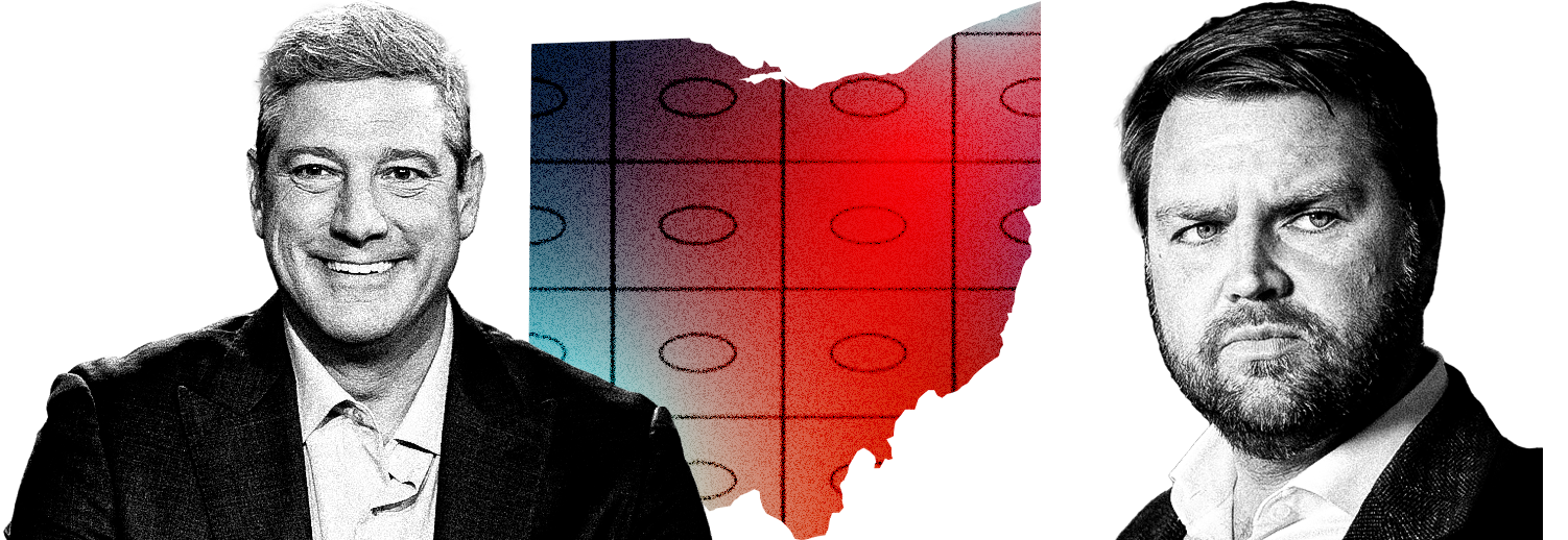 An outline of the state of Ohio with rows and columns of ballot bubbles, flanked by Tim Ryan and J.D. Vance