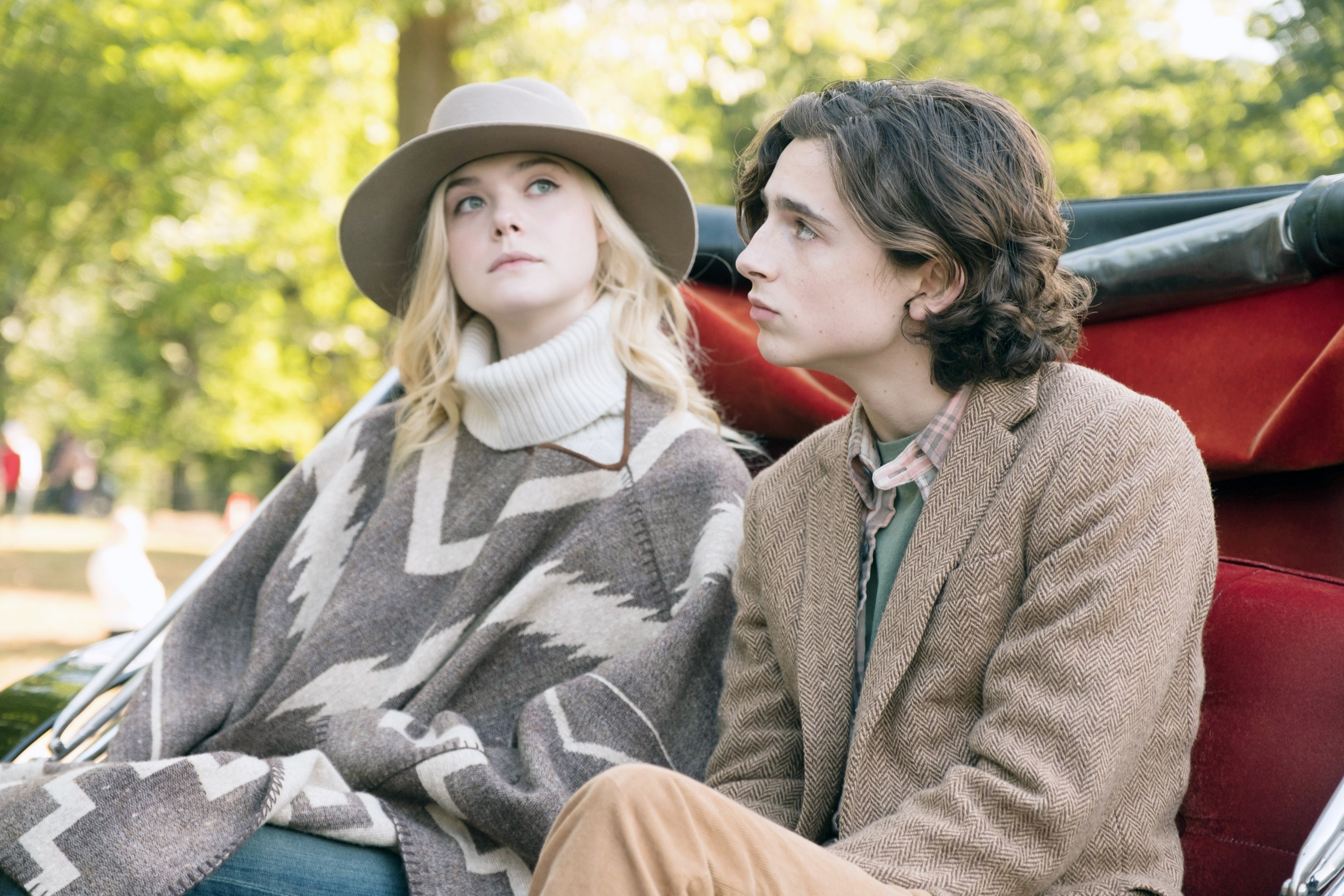 Elle Fanning and Timothee Chalamet ride in a carriage together