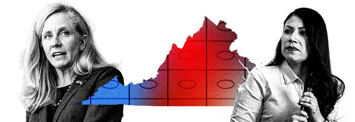 An outline of the state of Virginia with rows and columns of ballot bubbles between Abigail Spanberger and Yesli Vega