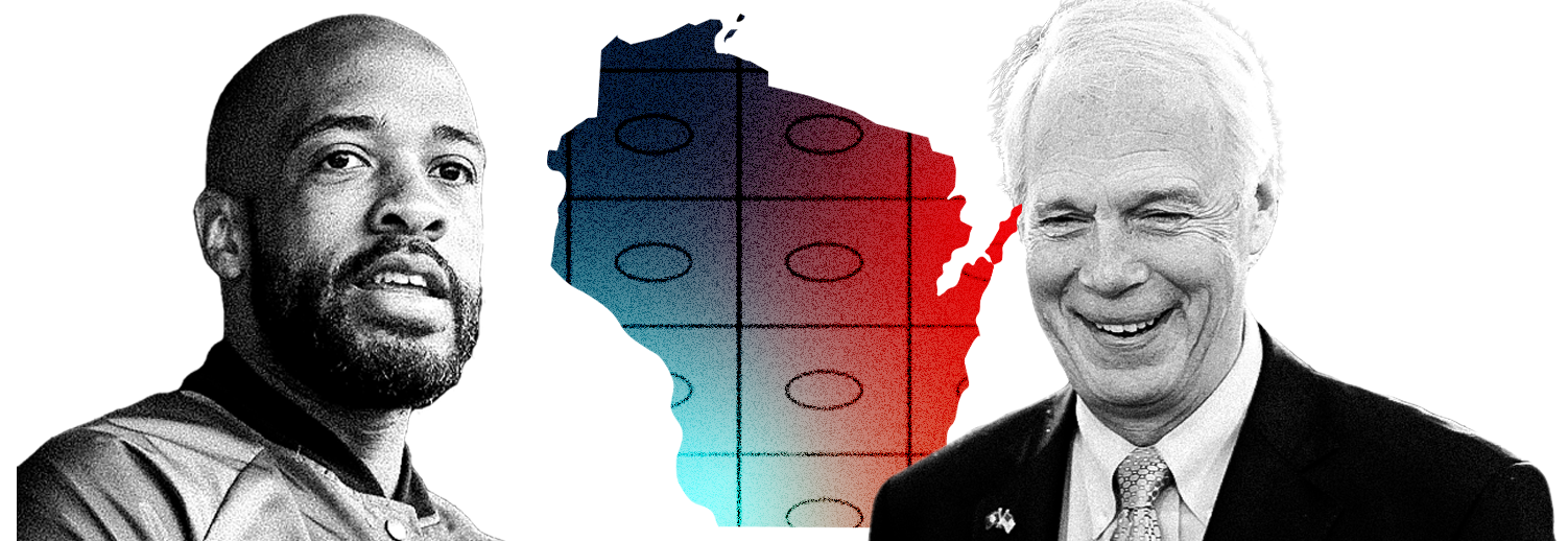 An outline of the state of Wisconsin with rows and columns of ballot bubbles with Mandela Barnes and Ron Johnson on either side of them
