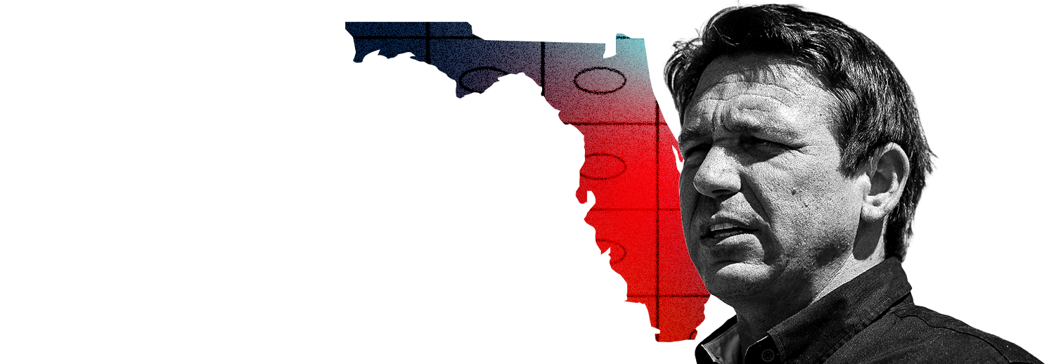 An outline of the state of Florida with rows and columns of ballot bubbles and Ron DeSantis facing to the left