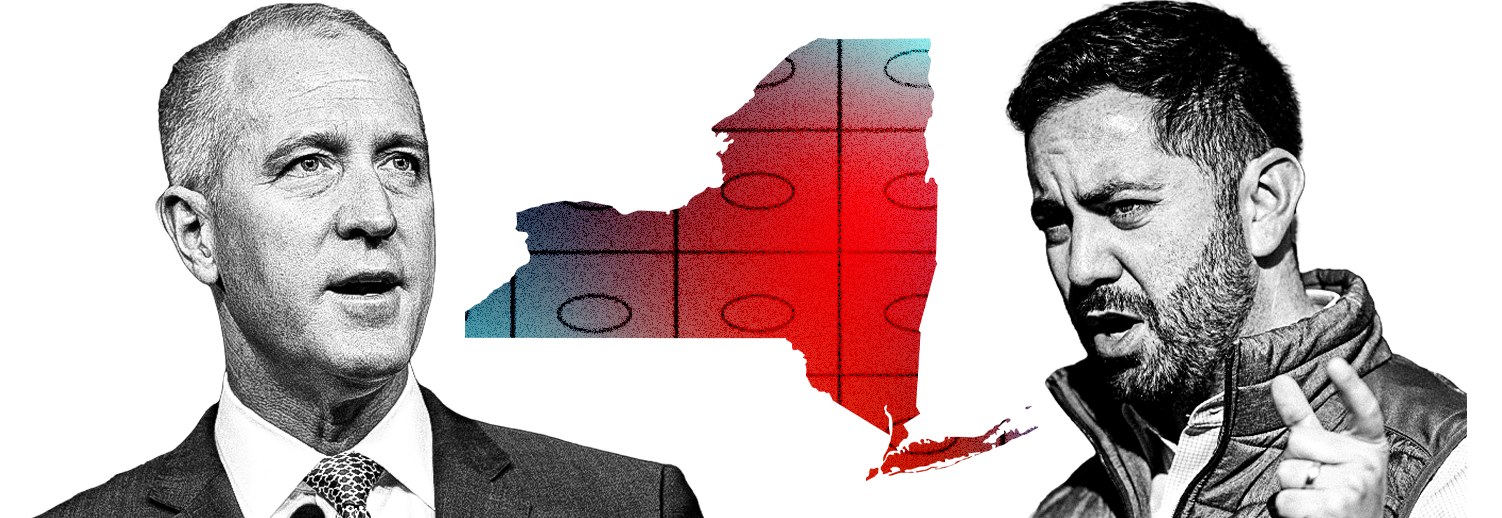 An outline of the state of New York with rows and columns of ballot bubbles between Sean Patrick Maloney and Mike Lawler