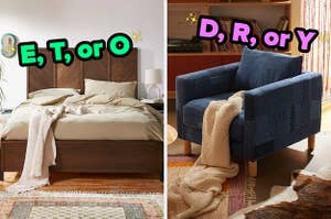On the left, a bed with a tall wooden headboard labeled E, T, or O, and on the right, a denim armchair in the corner of a room near a shelf with vinyls and a record player on it labeled D, R, or Y