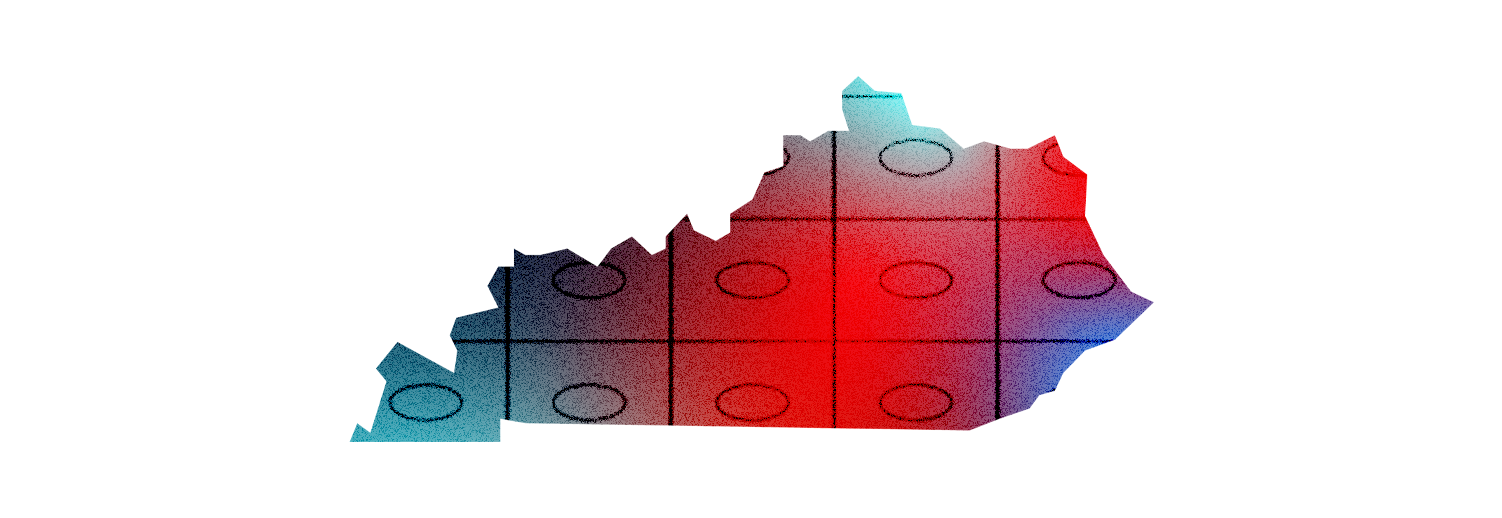 An outline of the state of Kentucky with rows and columns of ballot bubbles