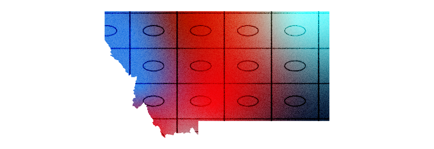 An outline of the state of Montana with rows and columns of ballot bubbles