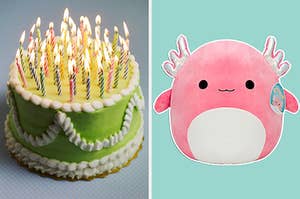 On the left, a cake topped with candles, and on the right, Archie the Axolotl Squishmallow