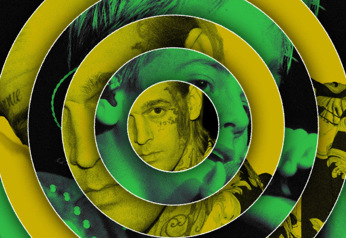 Green and yellow concentric circles featuring fragments of photos of Aaron Carter