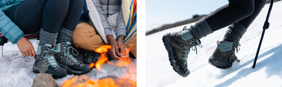 Someone sitting by fire in the snow wearing the grey and blue boots (left); someone winter hiking up snowy hill in the boots (right)