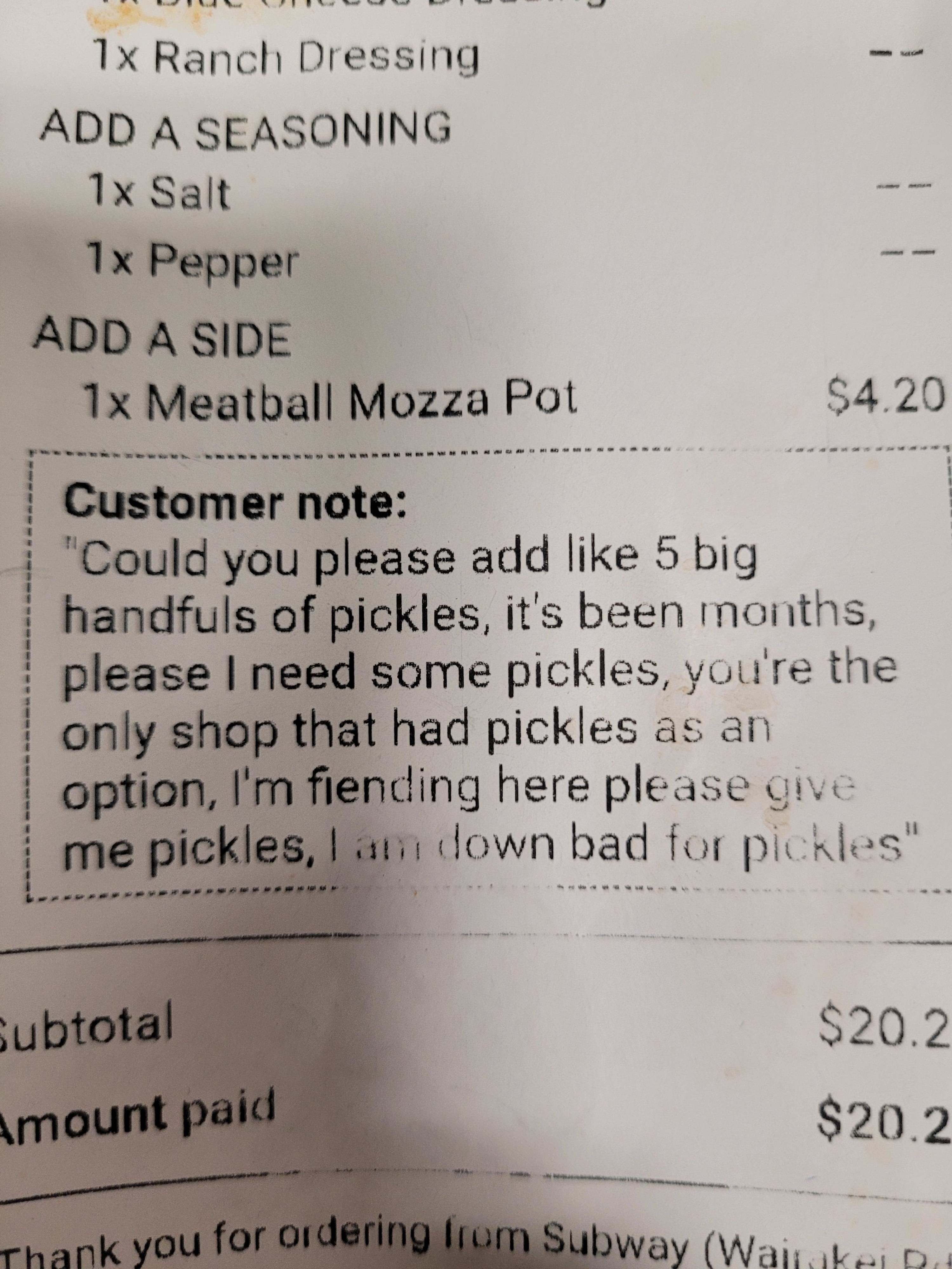 note asking for a lot of pickles