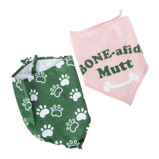 two of the bandanas. one in green with white paw prints and one in pink with a white bone and the words bone-afide mutt in green