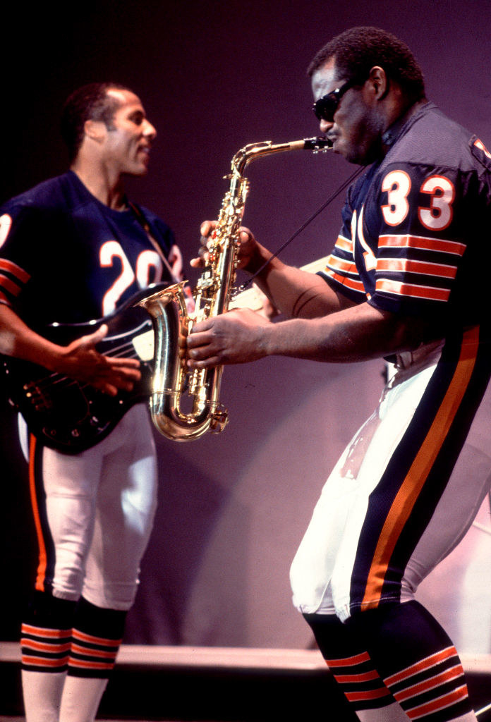 Close-up of Chicago Bears members performing