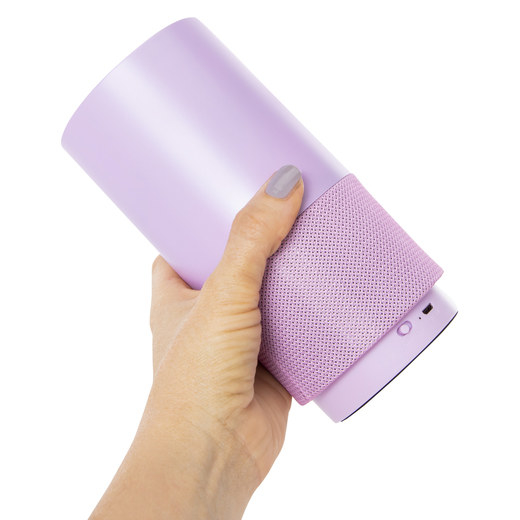 model holding the speaker in purple