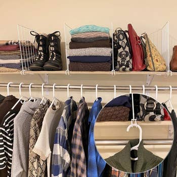 The white wire dividers separating clothes, bags, and shoes, while also providing a place to hook a clothes hanger