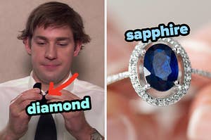 On the left, Jim from The Office holding an engagement ring box with an arrow pointing to it and diamond typed next to it, and on the right, a sapphire ring