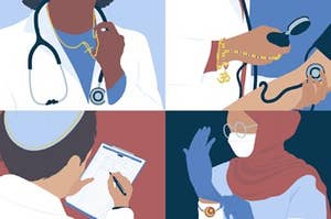 2x2 grid of illustrations. First is a doctor with a stethoscope and a cross on necklace. Second: A doctor taking blood pressure with Hindu jewelry. Third: a doctor in a yamaka writing on a chart. Fourth: a doctor in a hijab, putting on gloves 