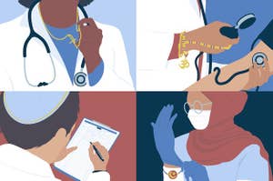 2x2 grid of illustrations. First is a doctor with a stethoscope and a cross on necklace. Second: A doctor taking blood pressure with Hindu jewelry. Third: a doctor in a yamaka writing on a chart. Fourth: a doctor in a hijab, putting on gloves 