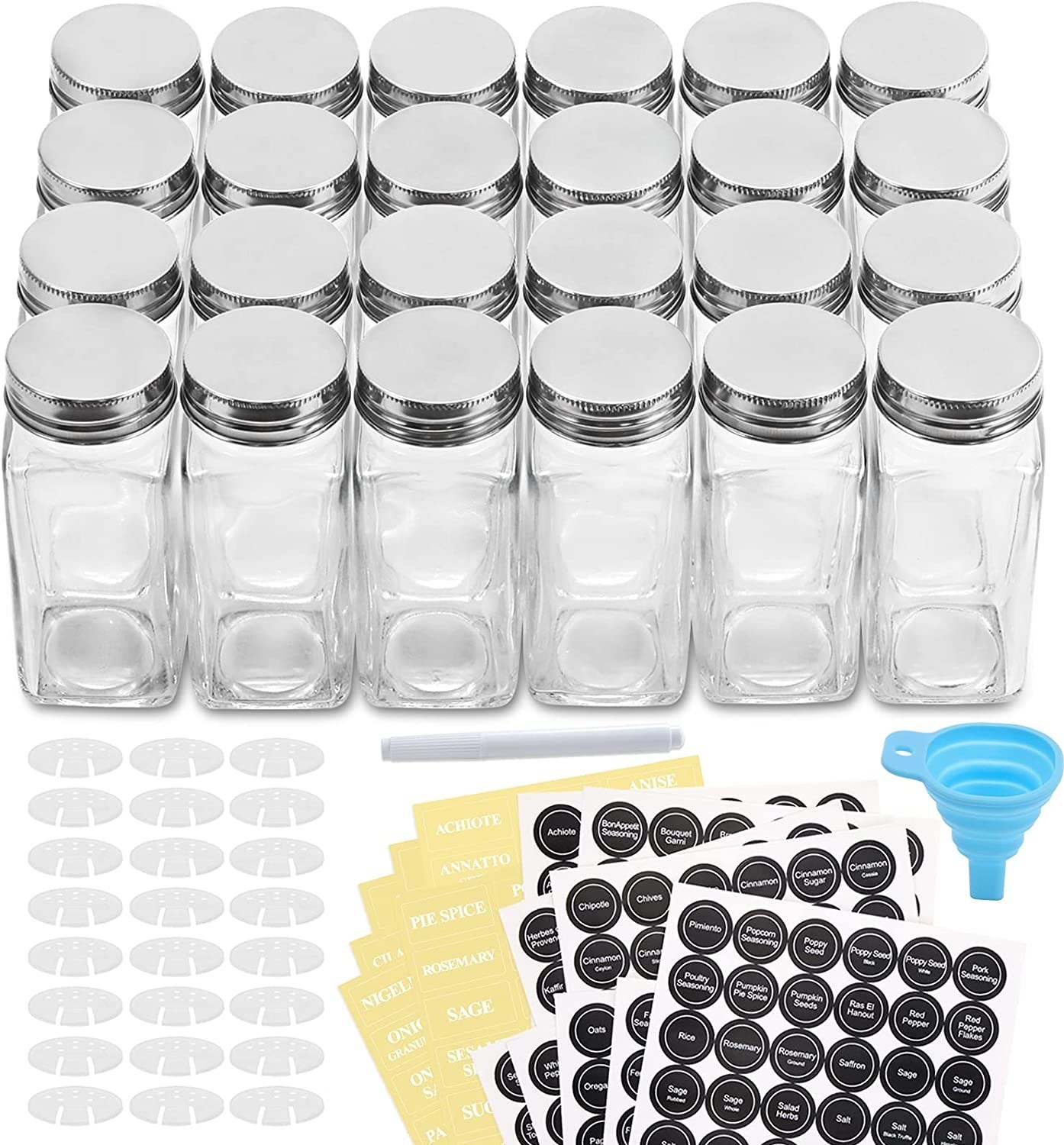 24 glass spice bottles with named stickers and a funnel