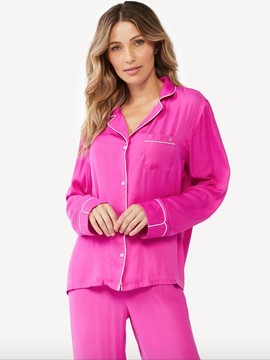 Model wearing long sleeve pink pajama set