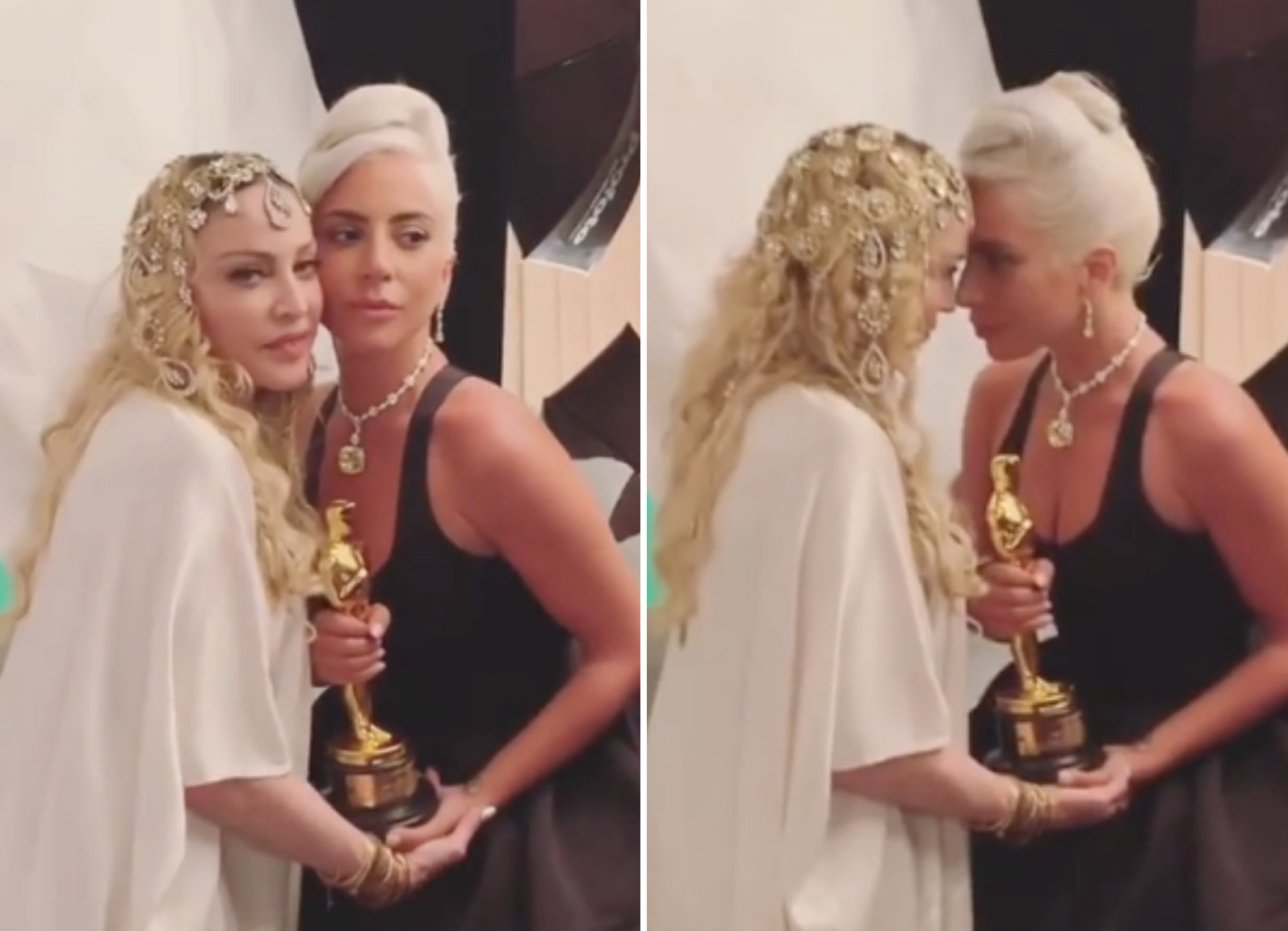 Gaga and Madonna posing with Gaga&#x27;s Oscar