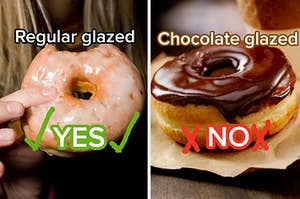 A regular glazed donut and a chocolate glazed donut