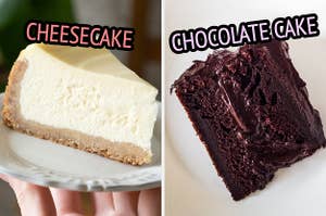 On the left, a slice of cheesecake, and on the right, a slice of chocolate cake