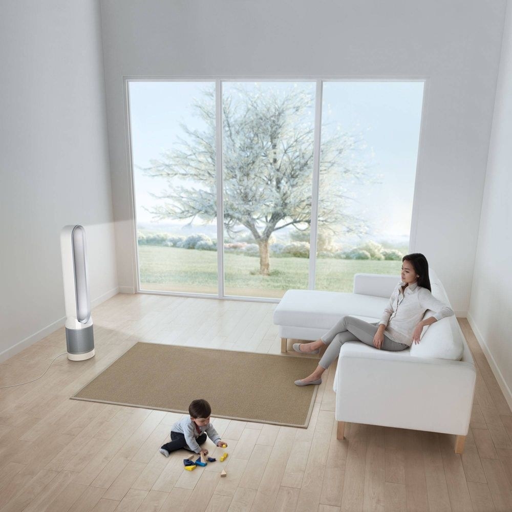The purifying fan in a living room with a woman and a child