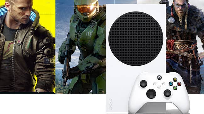 a white xbox series s in front of screenshots of games