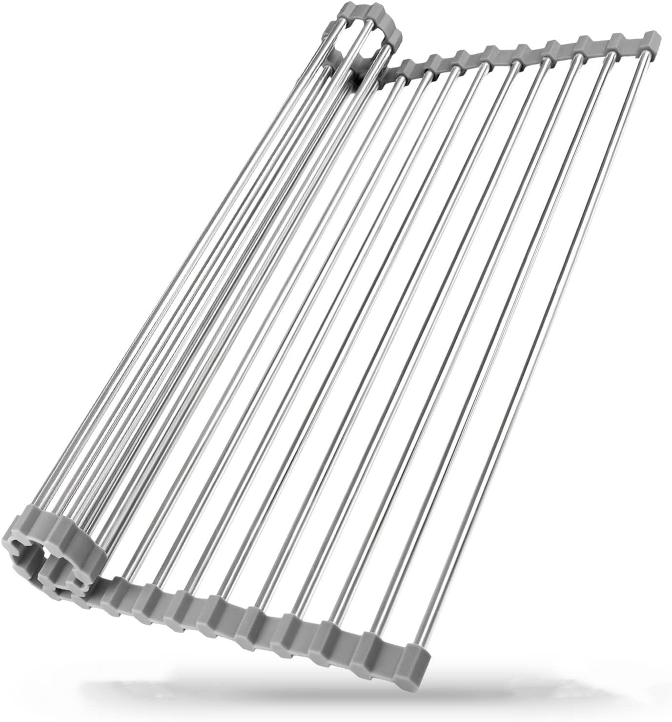 Silver, slatted, rollable rack with round metal dowels