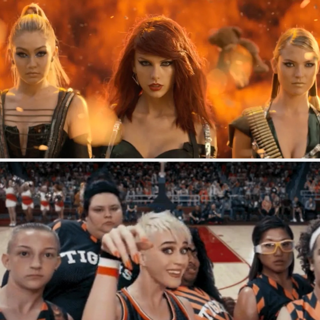 Swift in her &quot;Bad Blood&quot; music video; Perry in her &quot;Swish Swish&quot; music video