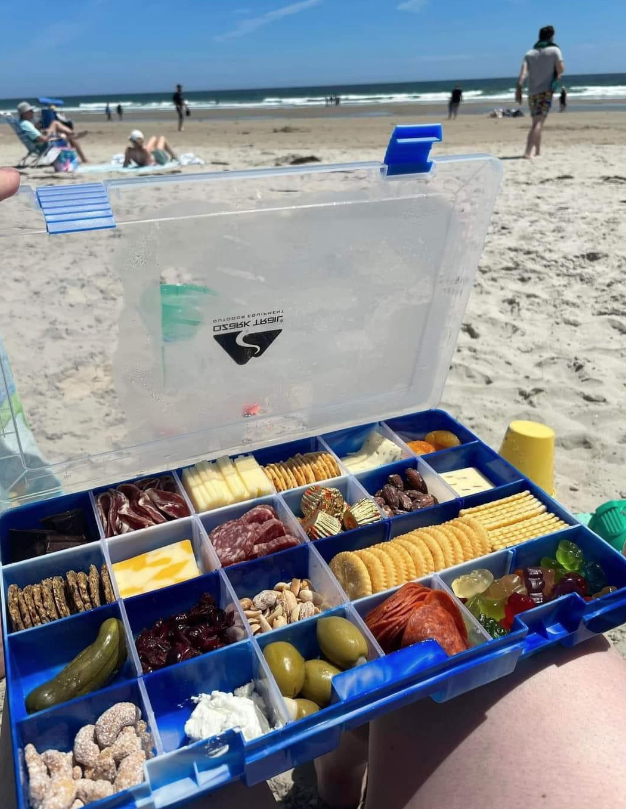 Tackle box filled with snacks