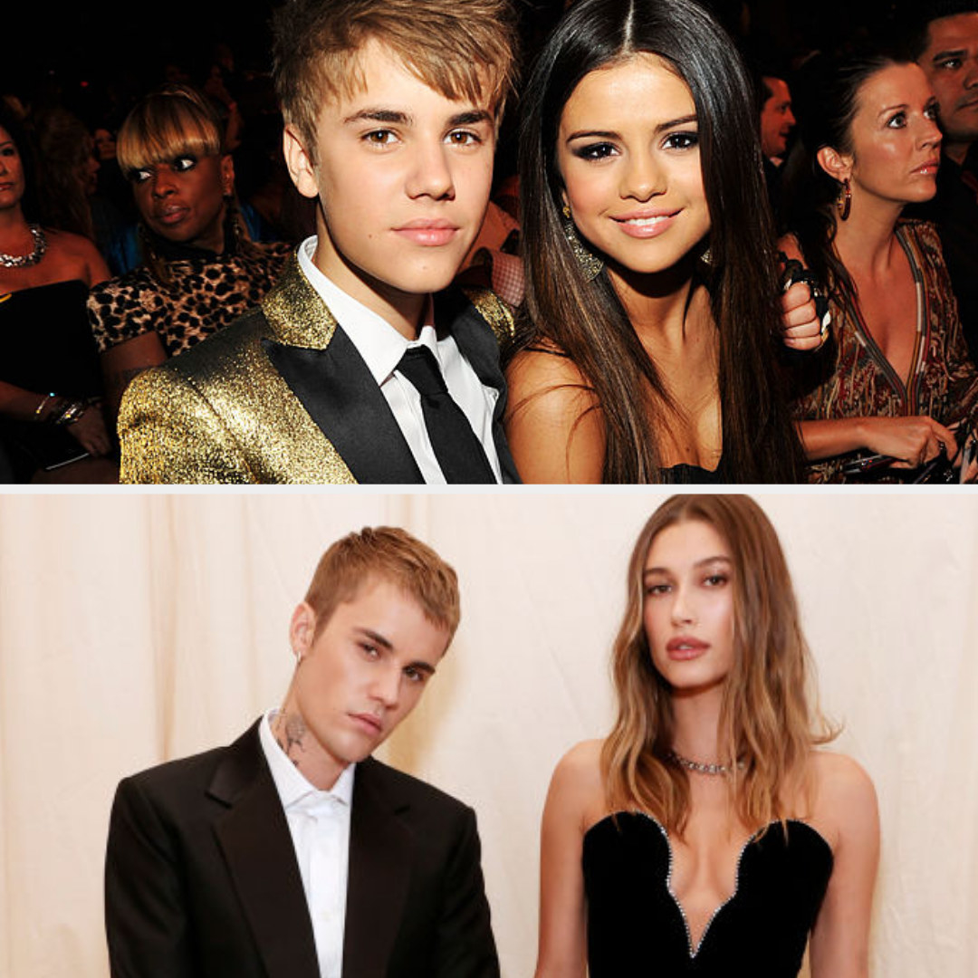 Justin Bieber and Gomez in 2011; Justin Bieber and Hailey Bieber in 2021