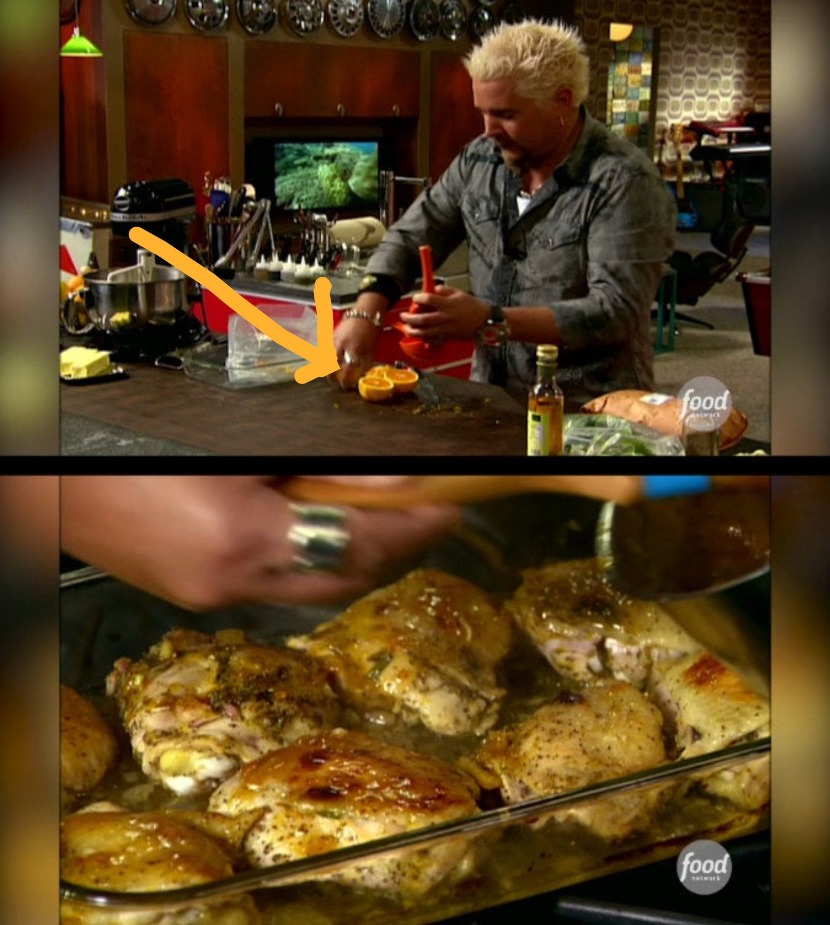 Guy Fieri cooking chicken with oranges