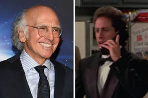 Larry David attending the premiere of HBO's "Curb Your Enthusiasm"/Jerry in a tuxedo talking on the phone in his apartment in "Seinfeld"