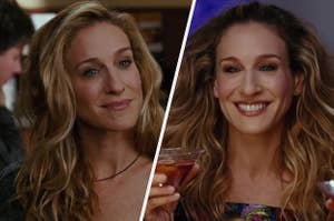 Carrie Bradshaw smiles softly and Carrie Bradshaw smiles brightly while holding a drink