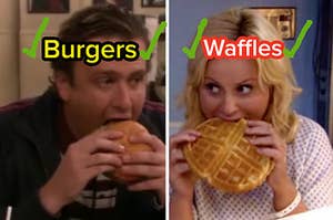 Marshall Erikson eats a burger and Leslie Knope eats a waffle