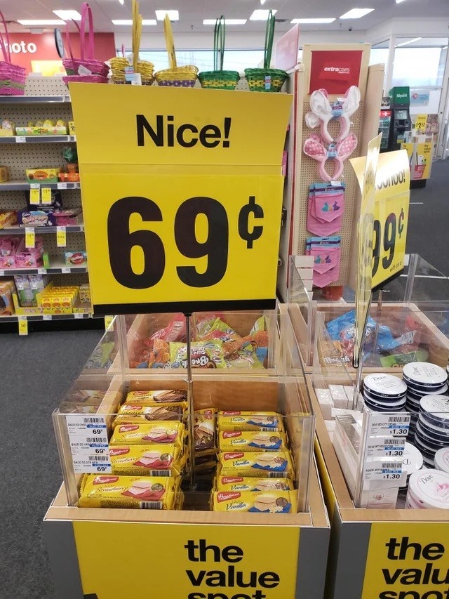 a sign that says, &quot;Nice! 69 cents&quot;