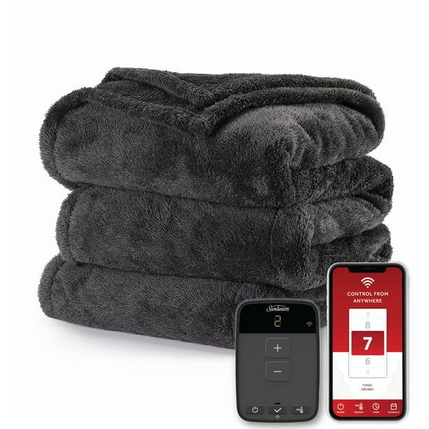 Black heated blanket with heat control and smartphone opened to app
