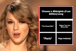 Taylor Swift smirking in the Mean music video next to a screenshot of the question choose a Midnights 3 am Edition song