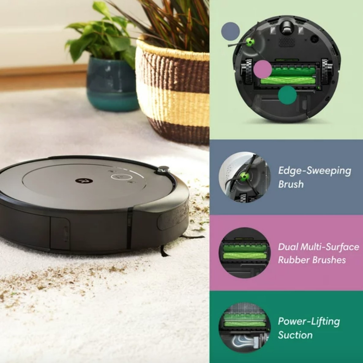 iRobot round Roomba vacuum on white carpet, tackling dirt