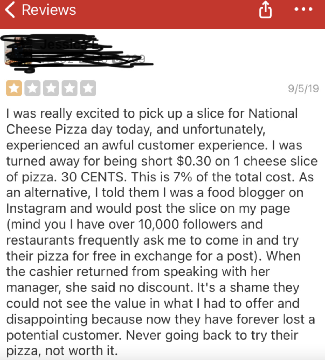 &quot;Never going back to try their pizza, not worth it.&quot;