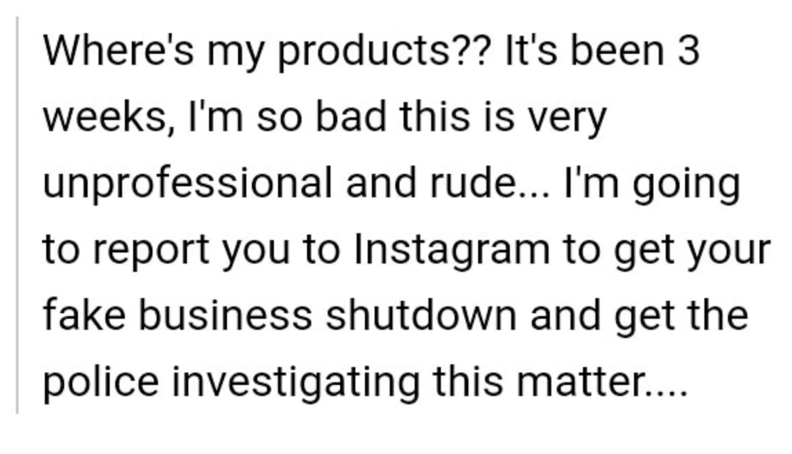 &quot;I&#x27;m going to report you to Instagram to get your fake business shutdown and get the police investigating this matter....&quot;