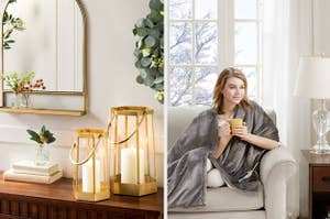 在左侧，木桌上的金色灯笼上有点燃的蜡烛。在右边，模特在沙发上柔软的灰色毯子中卷曲