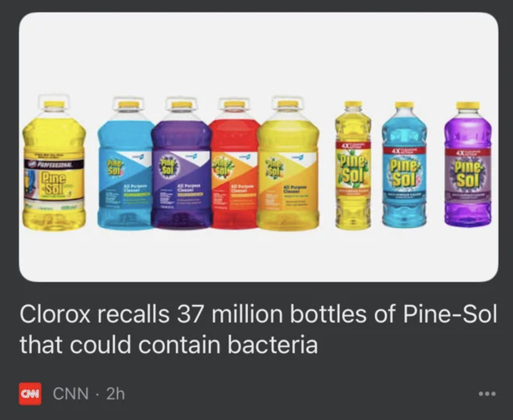 CNN headline saying 27 million bottles of Pine-Sol were recalled for bacteria