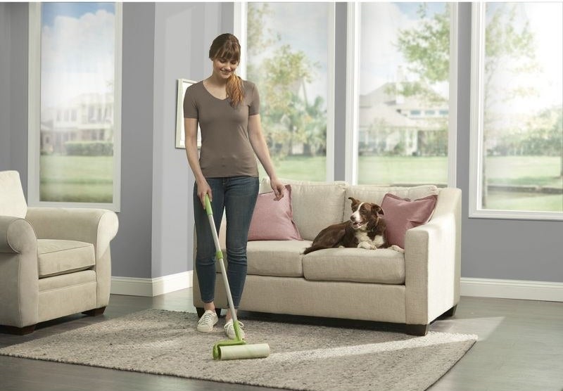 a model using the roller on a rug next to a couch with a dog